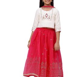 BIBA Girls White & Pink Embroidery Choli, Lehenga with Dupatta-image-48