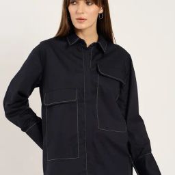 FEMMELLA Navy Blue Relaxed Fit Solid Poplin Shirt-image-7