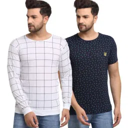 Vimal Jonney Dark Blue & White Regular Fit Check T-Shirt - Pack of 2-image-87
