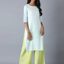 W Sky Blue Cotton Embroidered Straight Kurta-image-12