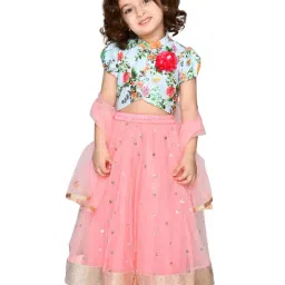 Saka Designs Kids Sky Blue & Pink Floral Print Lehenga with Choli & Dupatta-image-41