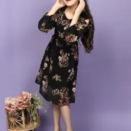 LilPicks Kids Black & Red Floral Print Dress-image-70