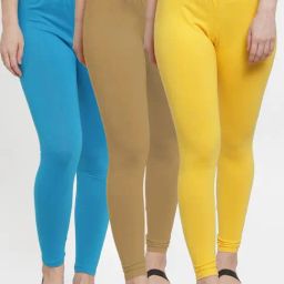 Gracit Yellow & Blue Mid Rise Leggings - Pack Of 3-image-73
