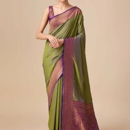 Monjolika Olive Green Banarasi Satin Silk Zari Woven Saree with Blouse-picture-18
