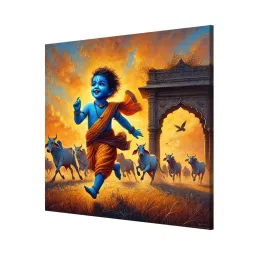 999Store Multicolor Canvas Wrapped Painting Of Little Krishna In Vrindavan image 3