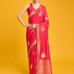 Monjolika Red Dola Silk Saree Zari Woven Saree with Blouse-picture-1
