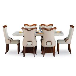 Durian Elanor Modern Tan Beige & Oak Brown Composite Marble 6 Seater Dining Set-image-30