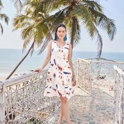 PURVAJA White Knitted Printed A Line Dress-image-18