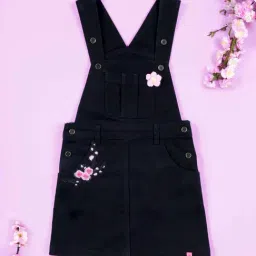 Kiddopanti Girls Black Denim Applique Regular Fit Dungaree Skirts-image-90