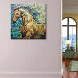 OLIVE TREE Blue & Orange Horse Canvas Painting Wall Art-14