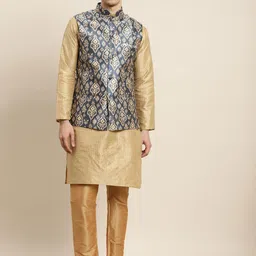 SOJANYA Men Golden & Blue Kurta with Churidar & Nehru Jacket-image-6