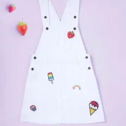 Kiddopanti Girls White Denim Applique Regular Fit Dungaree Skirts-image-34