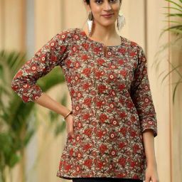 Libas Green Cotton Printed A Line Kurti-image-14