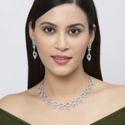 Zeneme Rhodium Plated Oval American Diamond Studded Circular Shaped Necklace and Earrings Set image 2