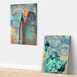 Art Street Blue Cotton Canvas Statute Of Liberty American Wall Painting - Set of 2-picture-1
