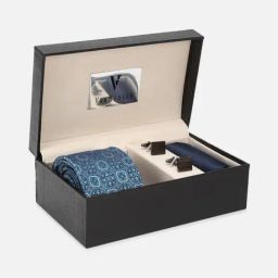 Van Heusen Blue Printed Tie with Pocket Square & Cufflinks-image-79