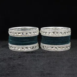 ZULKA Set OF 28 Metal Bangles Studded with Zircon Gemstone and Velvet Bangles-69