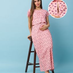 Bella Mama Half Sleeves Maternity & Nursing Nighty Floral Print - Pink-picture-33