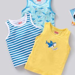 Babyhug 100% Cotton Sleeveless Sando Vests Stripes & Shark Print Pack of 3- Multicolor-image-43