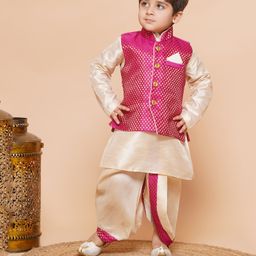 AJ Dezines Raw Silk Full Sleeves Solid Kurta With Ethnic Motif Foil Self Design Jacket & Coordinating Dhoti - Pink-23