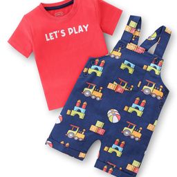 Babyhug 100% Cotton Knit Dungaree & Half Sleeves T-Shirt Set With Vehicle Print - Blue & Red-image-106