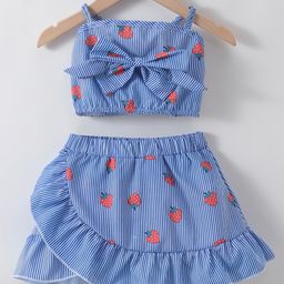 Kookie Kids Sleeveless Top & Skirt With Striped & Strawberry Print - Blue-image-5
