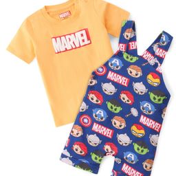 Babyhug Marvel Cotton Single Jersey Knit Dungaree With Half Sleeve Tee And Avengers Print - Yellow & Navy Blue-image-22