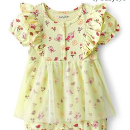 Babyoye Eco Conscious Cotton Half Sleeves Romper with Net Detailing Birds & Floral Print - Yellow-image-18