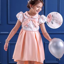 Mark & Mia  Half Sleeves High Low Party Frock with Floral Print & Bow Applique - Orange-image-75