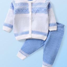 Babyhug Knit Full Sleeves Front Open Sweater and Pant Set Chevron Design - Off White-image-126