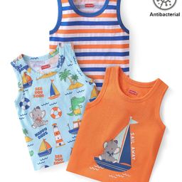Babyhug 100% Cotton Antibacterial Sleeveless Sando with Elephant & Boat Print Pack Of 3 - Blue & Orange-image-29