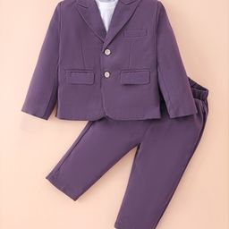 Kookie Kids Full Sleeves Solid Color T-Shirt & Trouser Set with Blazer - Purple-image-42