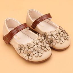 Babyoye Ballerinas with Velcro Closure Floral Applique - Khaki-image-122