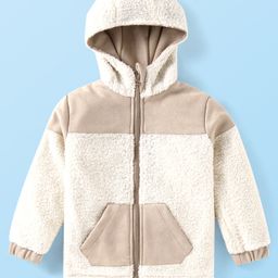 Babyhug Woven Full Sleeves Hooded Winter Fur Jacketwith Kangaroo Pockets - White-image-11