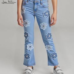 Arias Denim Woven Full Length Stretchable Medium Wash Jeans With Floral Applique - Light Blue-image-79