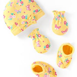 Babyhug 100% Cotton Knit Cap Mittens & Booties Set with Bow Applique & Floral Print Yellow - Diameter 9.5 cm-image-44