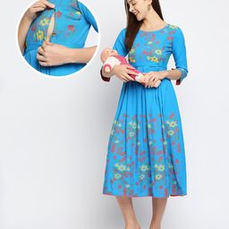 Dummy Shape Three Fourth Sleeves Floral Printed Flared Maternity Kurta With Concealed Zipper Nursing Access - Sky Blue-picture-20