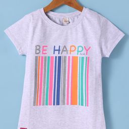 Olio Kids Cotton Knit Half Sleeves T-Shirt with Be Happy Print - Off White-image-89