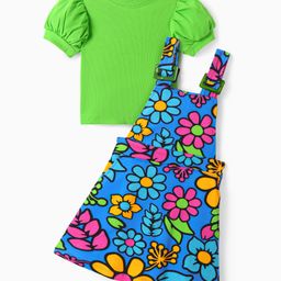 OLLINGTON St. Cotton Knit Floral Printed Pinafore & Half Puffed Sleeves Solid Color Top - Green & Blue-image-28