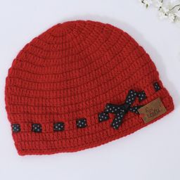 Funkrafts Woollen Handmade Knitted Polka Dots Designed Bow Applique Detailed Beanie Cap - Red-image-1
