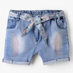 Olio Kids Above Knee Length Washed Denim Shorts with Fabric Belt - Light Blue-picture-42