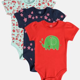 MINI KLUB Cotton Pack Of 3 Half Sleeves Star & Animal Printed Onesies - Blue Navy Blue & Red-image-88