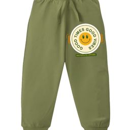 KAVEE Pure Cotton Terry Biowashed Good Times Good Vibes Text Printed Joggers- Olive Green-image-43