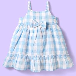Babyhug Single Jersey Knit Sleeveless Frock with Checks & Bow Applique - White & Light Blue-image-91