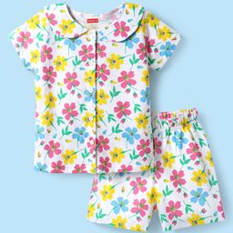 Babyhug Cotton Knit Half Sleeves Co-ords Peter Pan Collared Front Open Shorts Night Suit with Floral Print - White-image-68