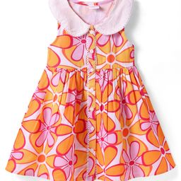 Babyhug Cotton Woven Sleeveless Peter Pan CollaredFront Open Frock with Floral Print - Orange-image-85
