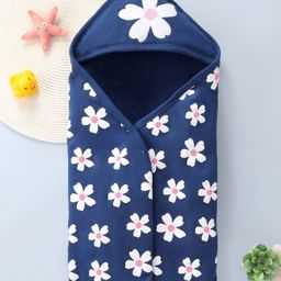 Babyhug Terry Knit Hooded Towel With Floral Print L 78 x B 70 cm - Navy Blue-image-30