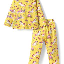 Babyhug Cotton Knit Full Sleeves Co-ords Night Suit with Unicorn & Rainbow Print - Yellow-image-87