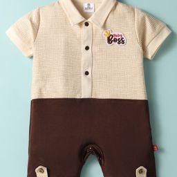 Mini Taurus Interlock Knit Half Sleeves Collared Romper with Baby Boss Patch Detailing - Brown-image-32