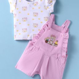 ToffyHouse Knitted Woven Half Sleeves T-Shirt & Dungaree With Animal Print - Pink-picture-4
